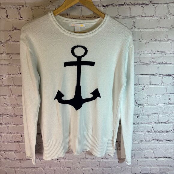 C & C California White Navy Anchor Nautical Beachy Americana Sweater Size M - Picture 1 of 11